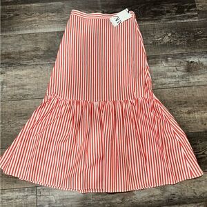 Zara Red and White Striped Midi Skirt